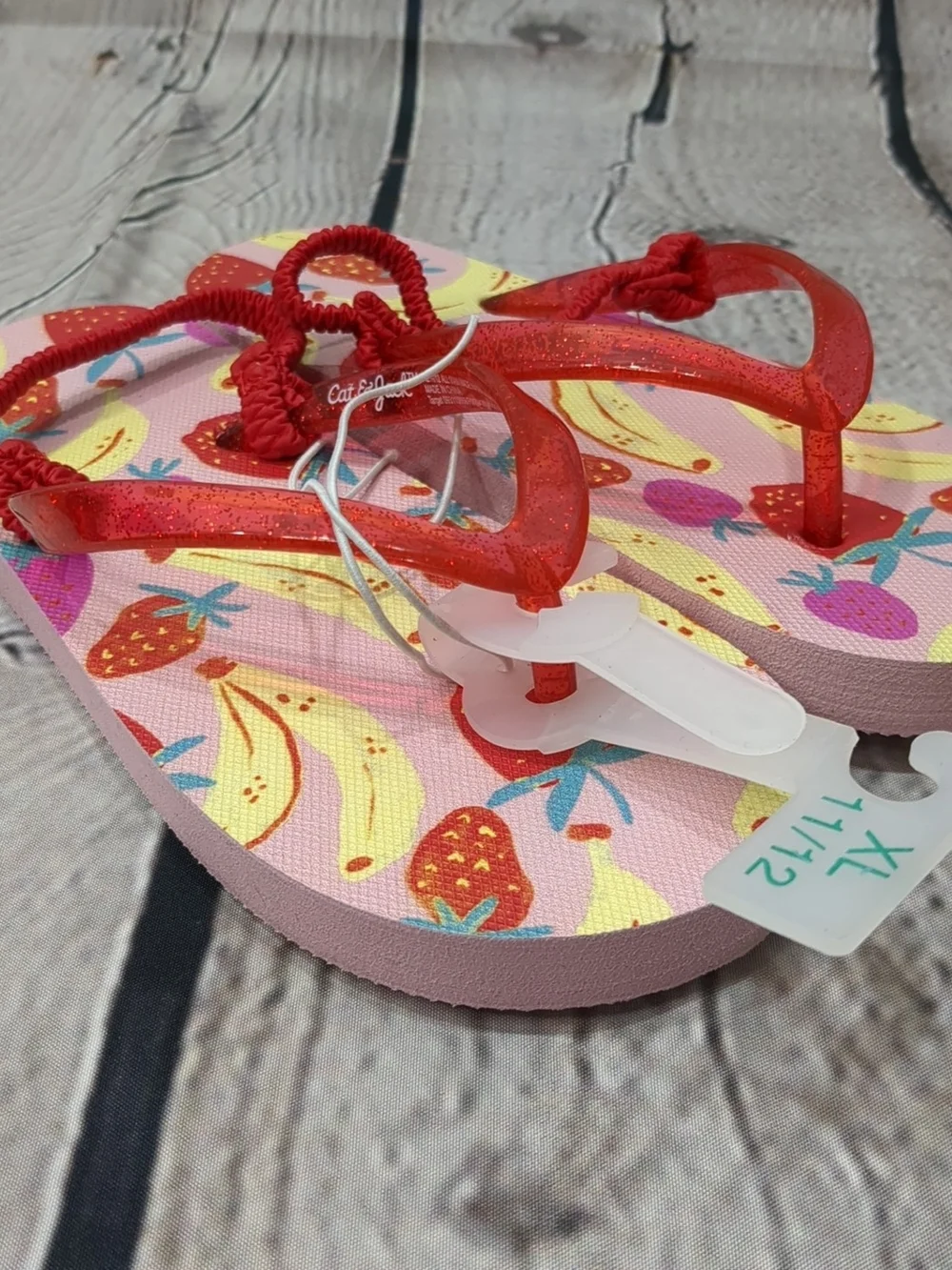 Cat & Jack Red Glitter Strap Pink Fruit-Print Flip Flop Sandals